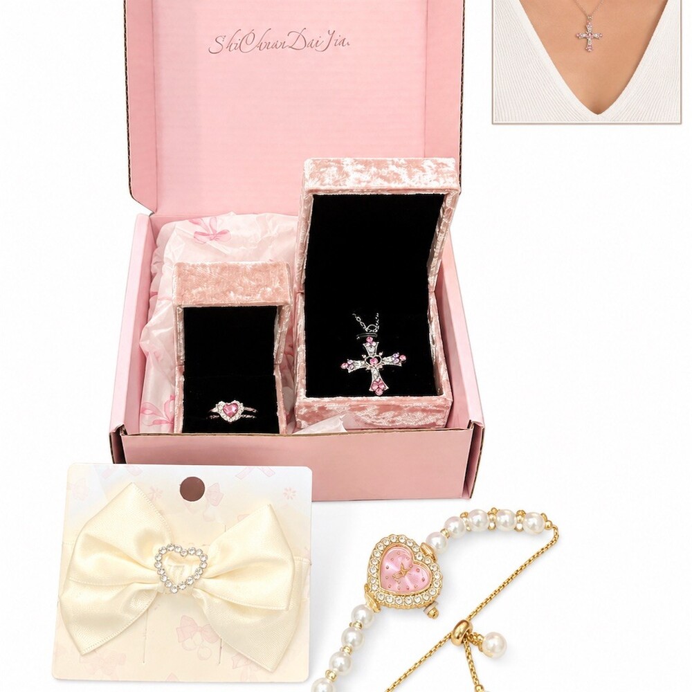 Cute Jewelry Set Pink Gift Box Rhinestone Cross Necklace Ring Watch bow bundle